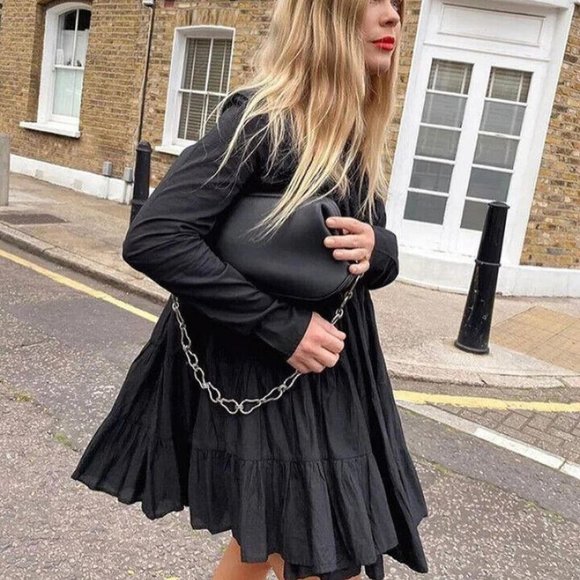 Merlette Soliman Mini Dress Cotton Tiered Black Solid Flared Flowy 